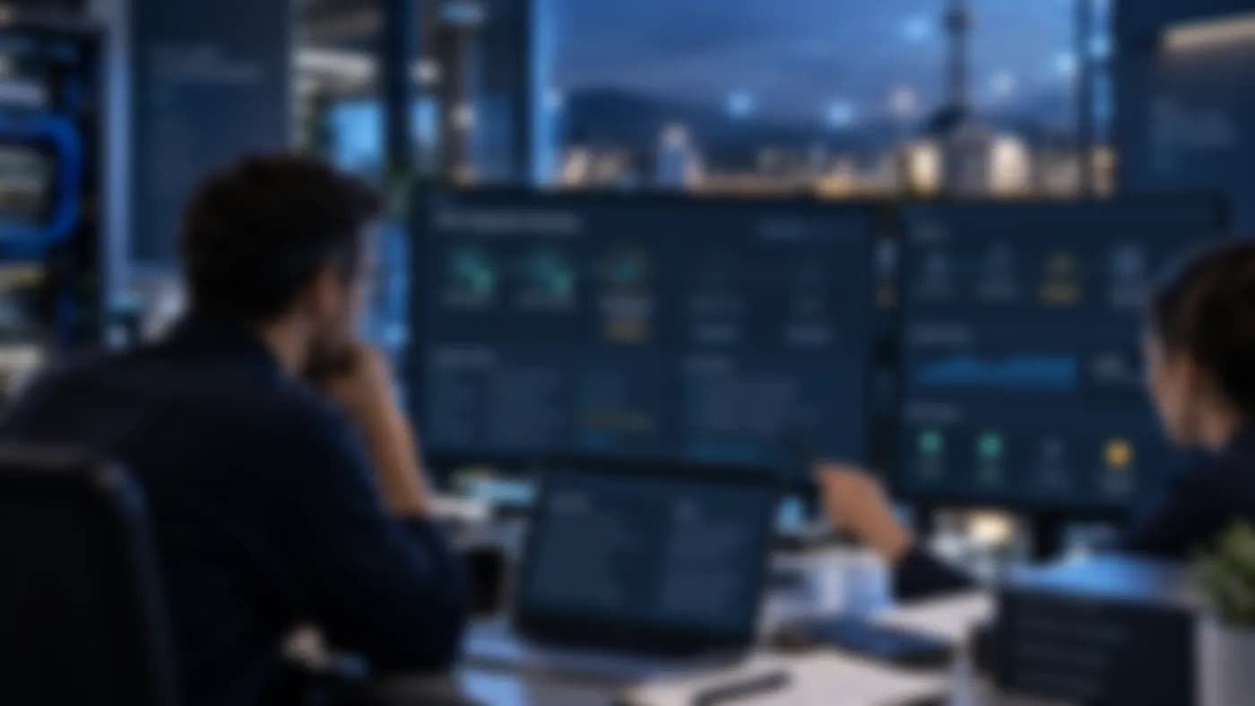 Ilustração de uma equipe analisando um fluxo de integração em monitores de trabalho.